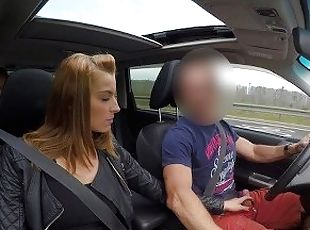 Horny mature analized in a driving car